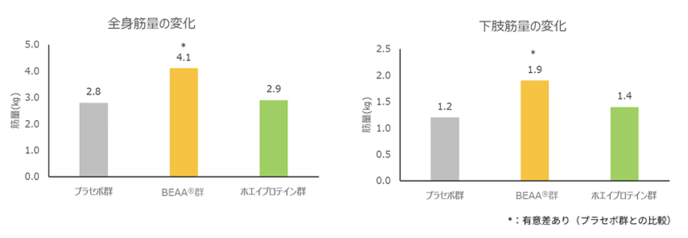 全身筋量の変化・下肢筋量の変化（プラセボ群・BEAA群・ホエイプロテイン群の比較グラフ）