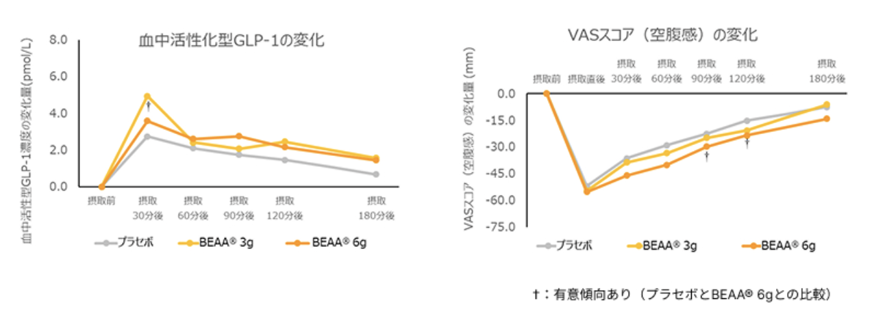 血中活性化型GLP-1の変化・VASスコア（空腹感）の変化（プラセボ群・BEAA 3g群・BEAA 6g群の比較グラフ）